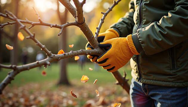 Person pruning a tree branch in a park during autumn  