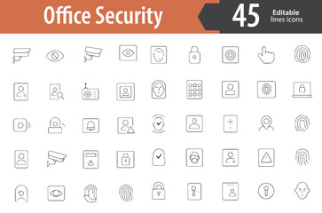 Office Security Line Icons, Surveillance Camera, Access Card, Biometric Scan, Data Protection, Security Shield, Editable Formats: AI, EPS, PNG, Ideal for Both UI and Print Media Use
