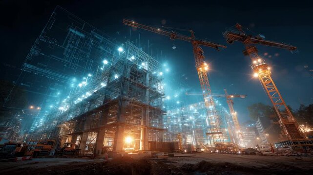 construction site with digital overlays of architectural plans and glowing holographic cranes