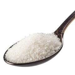 A photo of sugar on a dark spoon transparent background isolated on transparent background  
