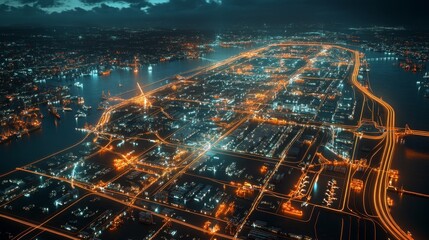 Illuminating urban navigation cityscape digital map nighttime aerial view high-tech connections