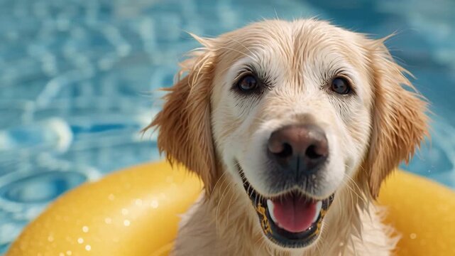 Dog Days of Summer: A golden retriever floats joyfully in a refreshing blue pool, its wet fur glistening as it beams a warm, happy smile to the camera, evoking the blissful essence of summer.