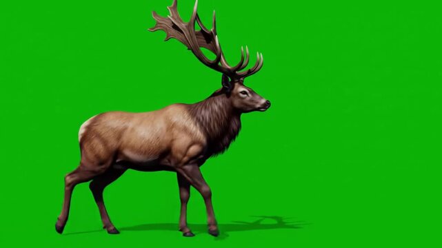 Animated deer walking across a green screen background with large antlers shown