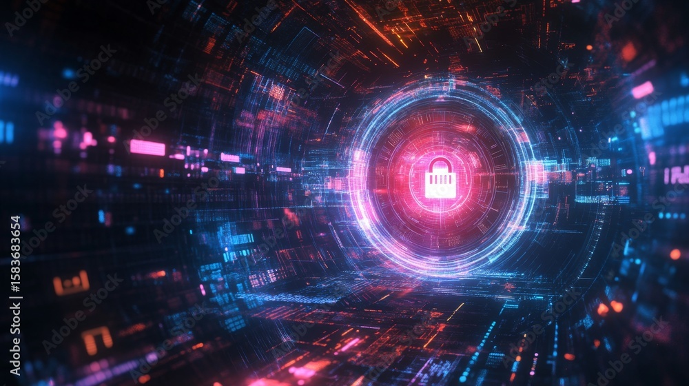 Poster floating holographic digital lock over a matrix 3d visualization cyber environment futuristic viewpo