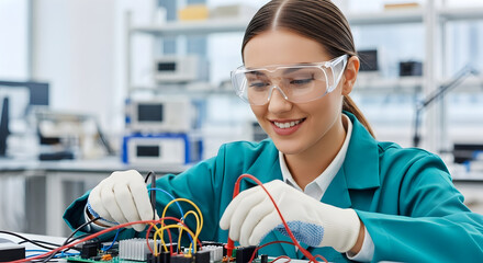 Female Engineer Testing Circuit Board in Lab