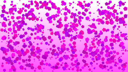 Pink pentagons pattern. Random scattered overlapping pink and purple pentagons on a color gradient from pink to white. Overlapping pentagons of varying size. Abstract vector background. 