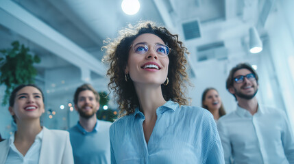 Fototapeta premium Smiling Woman Looking Up with Hope and Optimism at Work – Generative AI