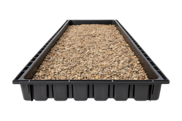 Black Plastic Tray Containing Small Brown Pebbles