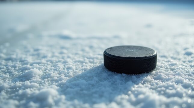 A detailed closeup of a hockey puck on scratched ice, a simple and powerful concept for winter sports and game backgrounds.
- Powered by Adobe