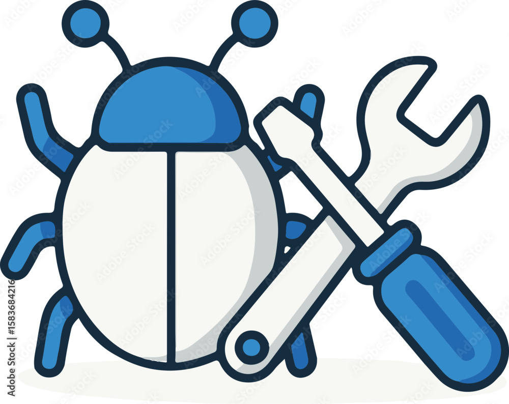 Poster bug fixing illustrated by bug and wrench, modern digital technology isometric icons. bug fixing conc