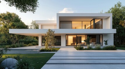 Fototapeta premium Modern two-story minimalist house with white facade and open glass windows, great for real estate ads, architecture portfolios, and residential development projects