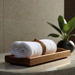 Rolled towel on tray with plant background.