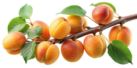 Close up of fresh apricots on branch with leaves against white background