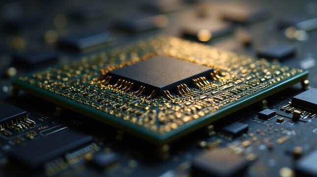 An advanced military-grade microprocessor chip representing American defense technology, innovation, and cybersecurity on a dark, non-conductive background.

