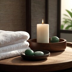 Spa setting with candle and massage stones.