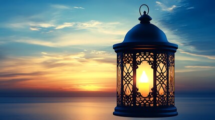 Ornate lantern at sunset over calm sea