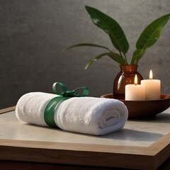 Spa towel and candles create relaxing ambiance.