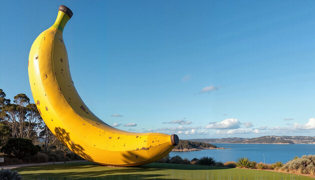Giant banana sculpture against scenic waterfront background
 - Powered by Adobe
