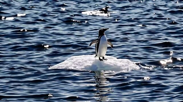 Penguin standing on an iceberg. A penguin in the water on an iceberg. A bird standing in nature. A penguin perched on a floating ice block lifestyle.