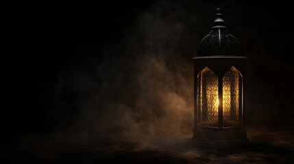 Ornate lantern glowing in dark, smoky setting
