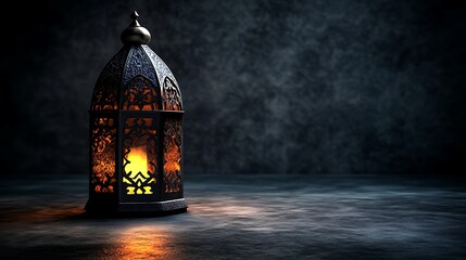 Ornate lantern glowing softly on dark surface