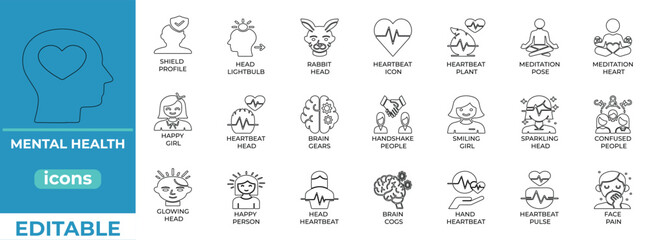 Minimal mental health icons for wellness, therapy, and support

