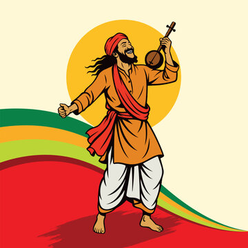 Male Baul Singer Performing Joyfully with Ektara in Bengali Traditional Folk Vector Style