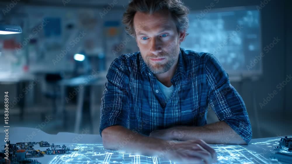 Poster electronics engineer working with innovative augmented reality software, projecting futuristic circu