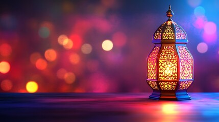 Ornate lantern glows amidst vibrant bokeh