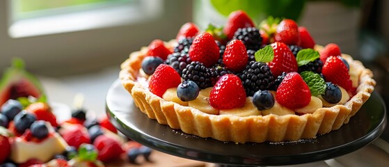 Fresh fruit tart on a dessert stand - high quality photo