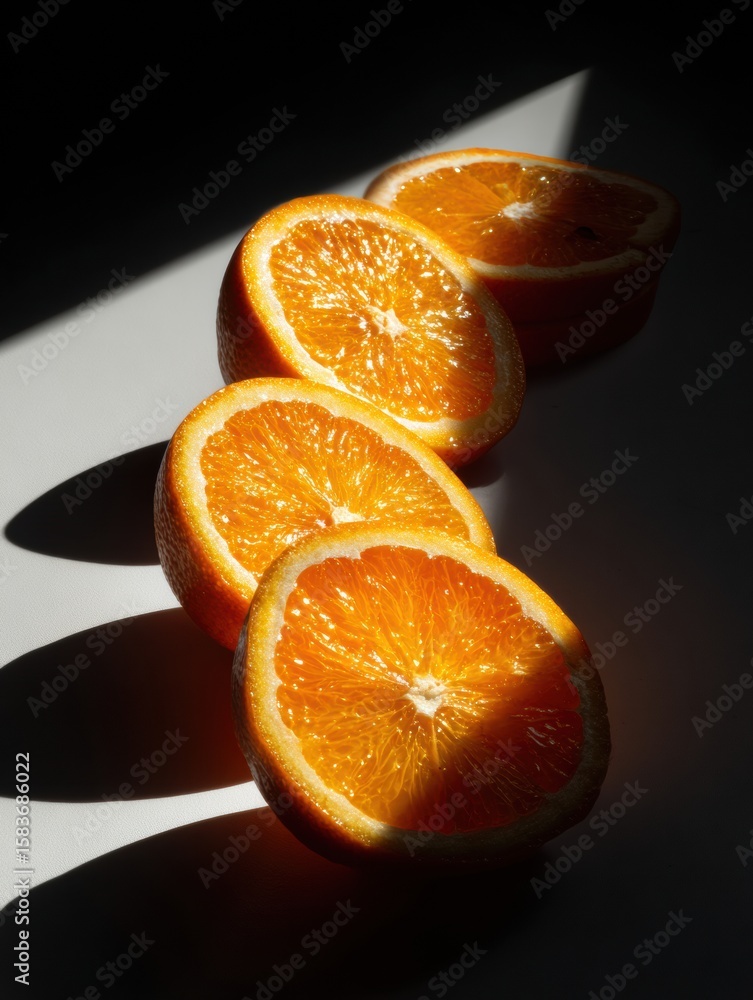 Poster sliced oranges arranged in a row with dramatic studio lighting and deep shadows creating an artistic