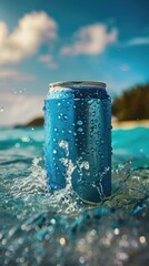 Refreshing drink can splashes in ocean waves.