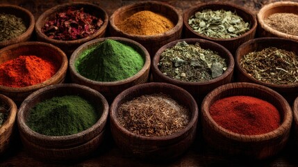 The vibrant assortment of spices in rustic wooden bowls arranged beautifully.