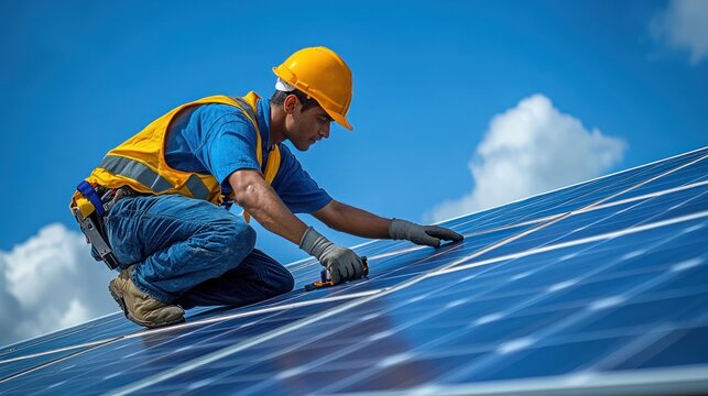 Worker in safety gear installs solar panels on a rooftop