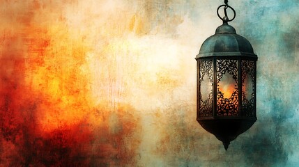 Ornate lantern hanging on a textured wall with a warm glow