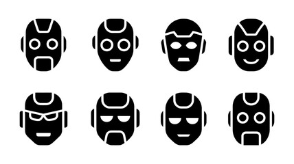 Vector art of a collection of robot head icons showcases a variety of expressions and designs, isolated on white background