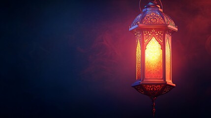 Ornate lantern hanging, warm light, dark background