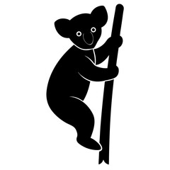 A black silhouette of a koala is depicted clinging to a vertical branch against a white background. © Sanzida