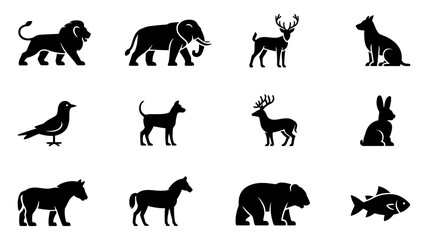 Fototapeta premium Vector art of a diverse collection of animal silhouettes isolated on white background representing various species