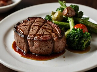 Juicy grilled steak with fresh asparagus and broccoli florets