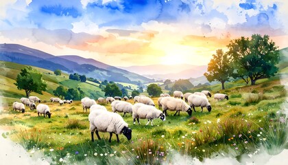 Obraz premium Sheep graze in a valley at sunset