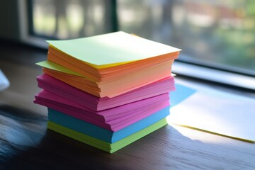 A vibrant stack of sticky notes in assorted colors placed by the window in a bright workspace