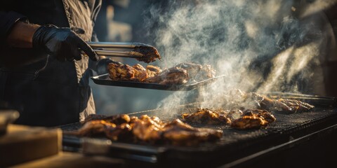 The chef grilling delicious smoky barbecue chicken on a warm summer evening.