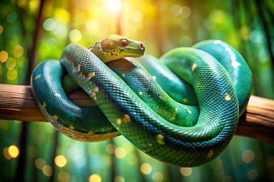 An emerald tree python coils gracefully on a branch in the jungle