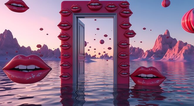 Surreal landscape with floating lips a door water and pink mountains at sunset