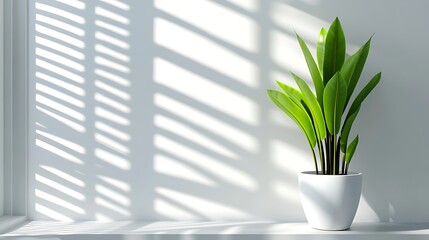 Plant in a white pot, sunlight shadows
