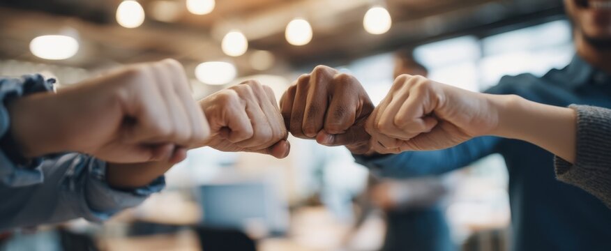 The teamwork gesture of fist bumps among diverse professionals in an office setting.