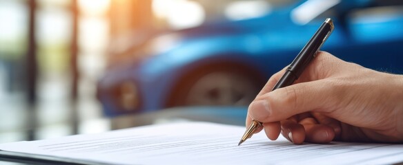The hand writing on a document with a blue car in the background.