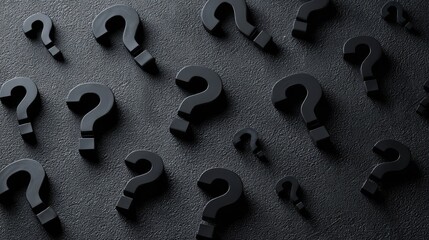 The striking arrangement of black question marks on a textured surface
