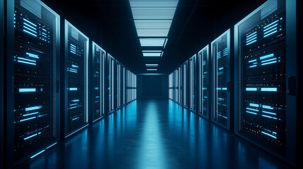 Fototapeta premium Modern data center with glowing blue lights